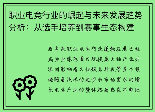 职业电竞行业的崛起与未来发展趋势分析：从选手培养到赛事生态构建