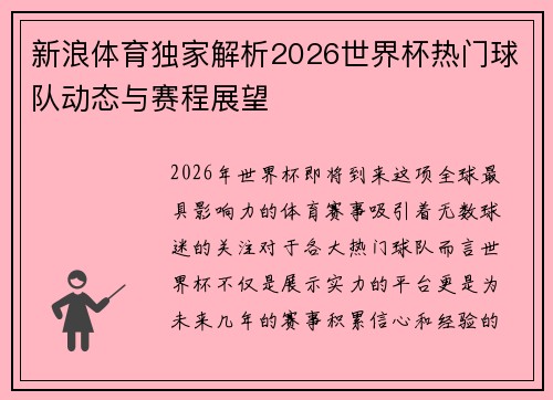 新浪体育独家解析2026世界杯热门球队动态与赛程展望